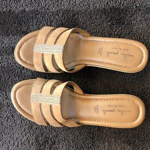 Brown Italian Leather Bling Slip On Rhinestones, Size 9